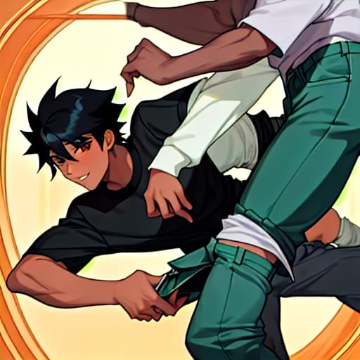  a black hair anime boy pulling his friend's pants down