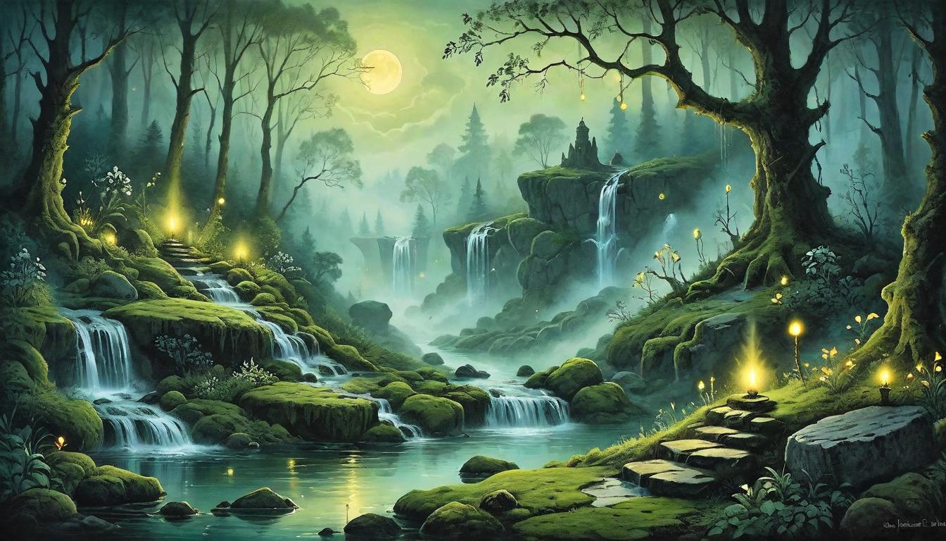  on parchment, surrealism+++, A gentle waterfall in a moonlit glade, mist rising around, ancient stones covered in moss, luminous fireflies, tranquil, rejuvenating(mysterious, provocative, symbolic,muted color)+++