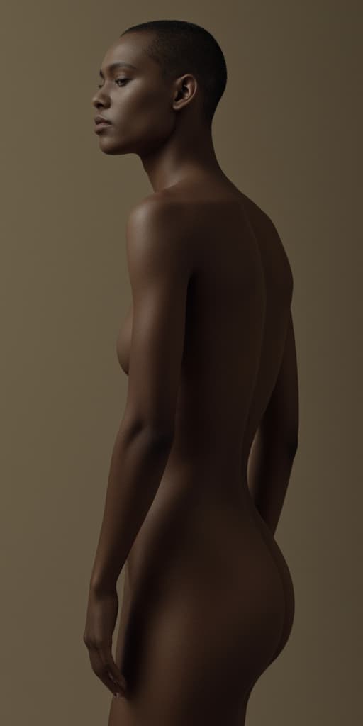  good quality, high quality, a beautiful black woman with brown skin. she is standing. she is resting in an ethereal manner. she is bald. she is naked. she is fuller figured