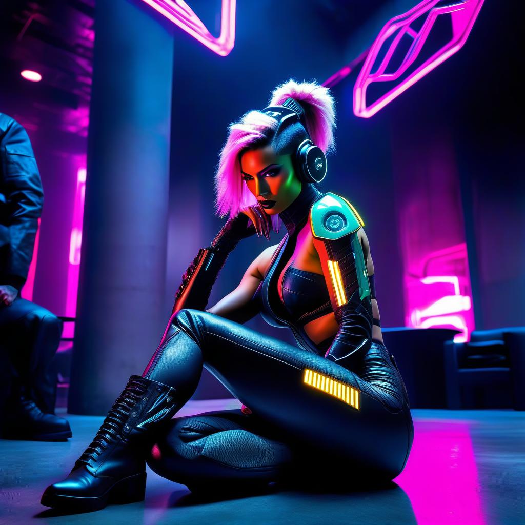  cyberpunk game style An attractive woman with a model like appearance sits in the reception area of a modern office in a loft style, with polished concrete floors. . neon, dystopian, futuristic, digital, vibrant, detailed, high contrast, reminiscent of cyberpunk genre video games hyperrealistic, full body, detailed clothing, highly detailed, cinematic lighting, stunningly beautiful, intricate, sharp focus, f/1. 8, 85mm, (centered image composition), (professionally color graded), ((bright soft diffused light)), volumetric fog, trending on instagram, trending on tumblr, HDR 4K, 8K