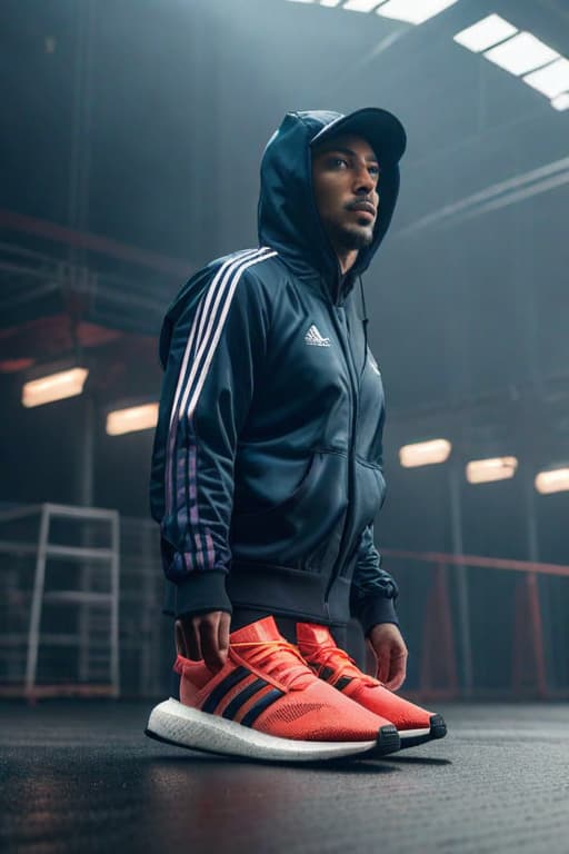  Adidas hyperrealistic, full body, detailed clothing, highly detailed, cinematic lighting, stunningly beautiful, intricate, sharp focus, f/1. 8, 85mm, (centered image composition), (professionally color graded), ((bright soft diffused light)), volumetric fog, trending on instagram, trending on tumblr, HDR 4K, 8K