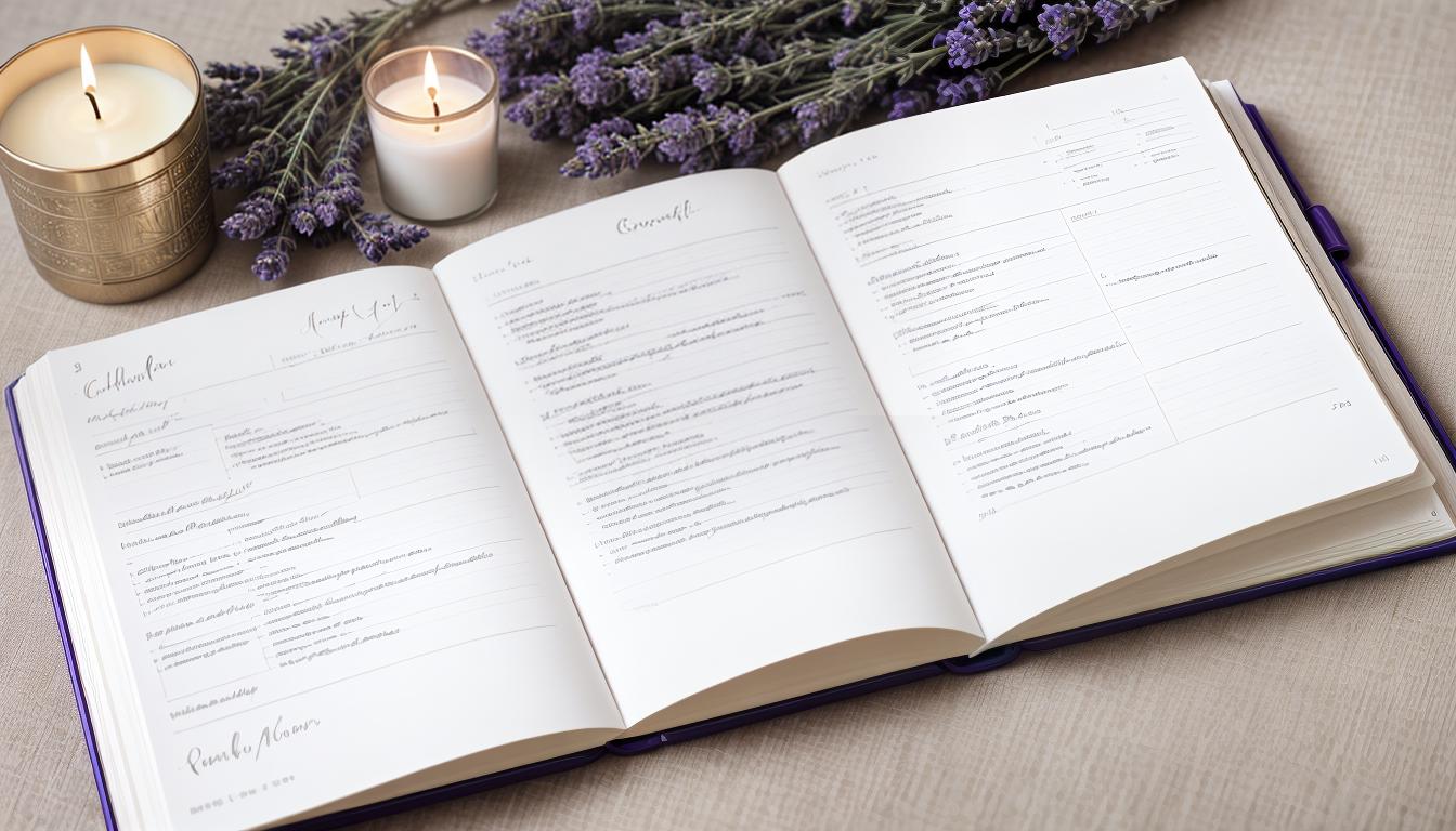  cinematic, aesthetic, Clock with roman numerals, elegant design, beside a planner filled with scheduled self care activities, candles and a lavender plant, 4k, HDR, lens flare