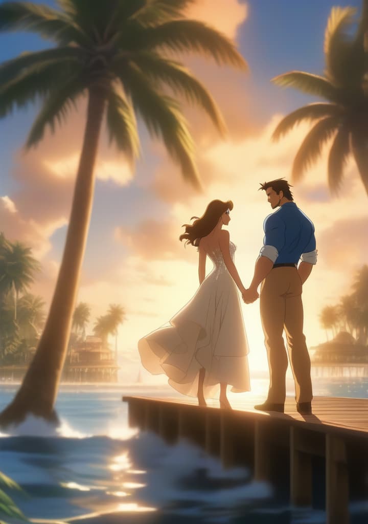  An anime charcter. A man and woman are standing on a dock overlooking a picturesque scene with palm trees and buildings. The man is wearing a blue shirt and tan pants, while the woman is in a beautiful wedding dress. They are holding hands and looking out towards the water. Surrounding them are lush green palm trees, adding a tropical vibe to the setting. The sky is cloudy, indicating a possibly overcast day. The foreground is dominated by the couple, while the background features various buildings. The overall color scheme of the image is dominated by shades of black, grey, and white, with accents of blue. The atmosphere is serene and romantic, perfect for a beach wedding or a peaceful moment by the water. hyperrealistic, full body, detailed clothing, highly detailed, cinematic lighting, stunningly beautiful, intricate, sharp focus, f/1. 8, 85mm, (centered image composition), (professionally color graded), ((bright soft diffused light)), volumetric fog, trending on instagram, trending on tumblr, HDR 4K, 8K