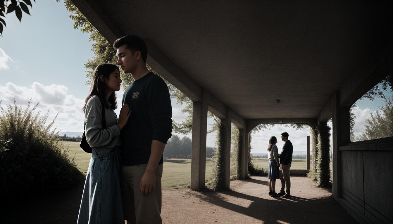  cinematic, aesthetic, Two people standing facing each other, hands at their sides, standing at arm's length, invisible barrier between them, simple casual clothing, neutral expressions, outdoor, sunny day, clear delineation, personal space, 4k, HDR, lens flare