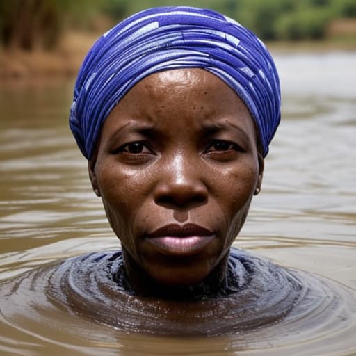  african woman's head drowning in the river the water is up to her nose