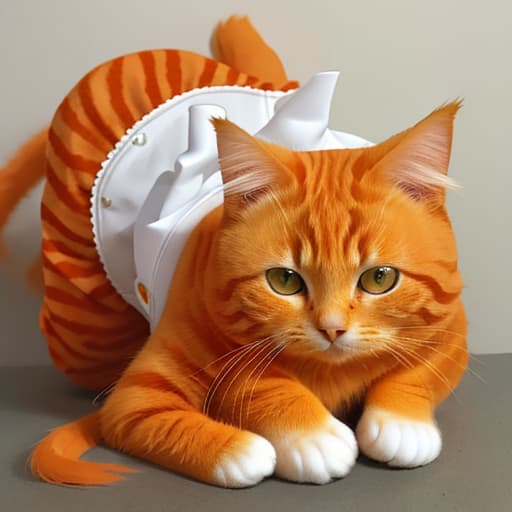  An orange cat with long hair and white gloves,