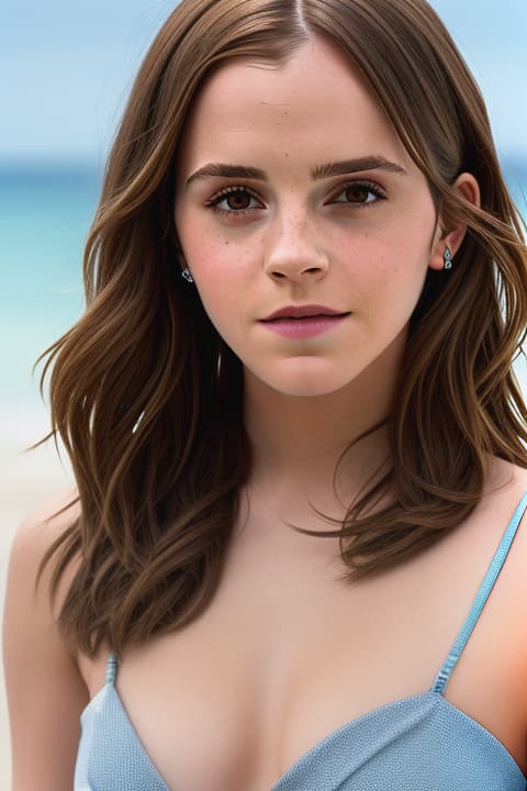   emma watson on the beach, (:1.4), 1, , cute face, model face, ultra realistic close up portrait ((beautiful female)), hyper detail, cinematic lighting, Canon EOS R3, nikon, f/1.4, ISO 200, 1/160s, 8K, RAW, unedited, symmetrical balance, in-frame, 8K