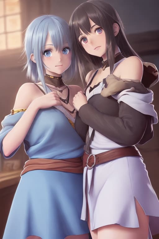  2 girls, one with light blue shoulder length hair and blue eyes (Rem), the other with brown messy shoulder length hair and brown eyes (Megumin),, high detail, textured skin, warm lighting, detailed faces, detailed fingers, womanly curves