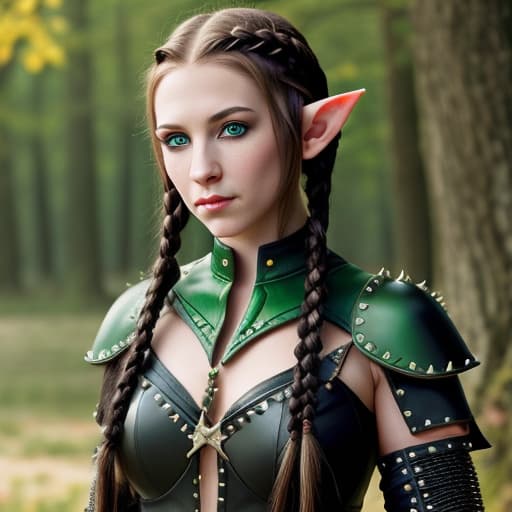  Beautiful portrait of female elf with braided black hair, green eyes, studded leather armor and musket