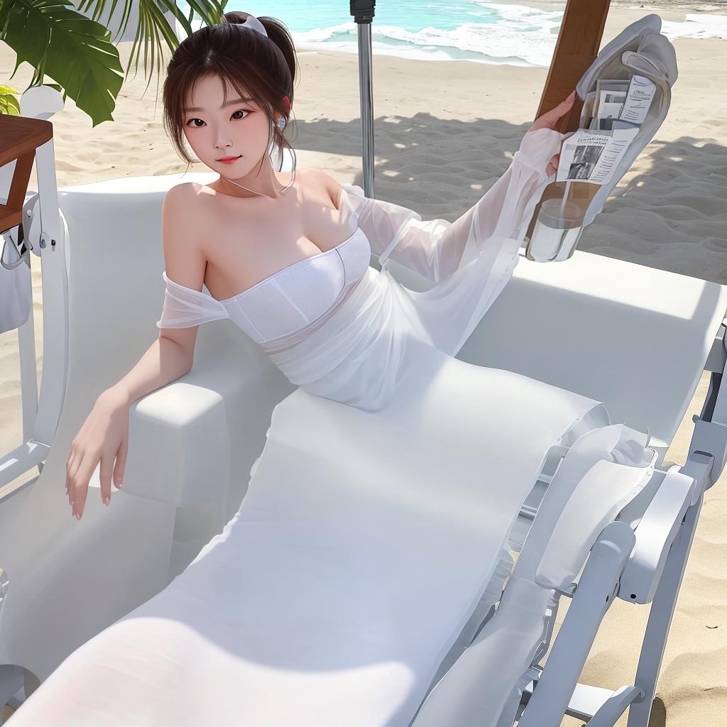  Masterpiece, best quality, , D-cup, mostly upper body, wearing only sheer white gauze , nothing else, ponytail on a beach recliner slim twenty 