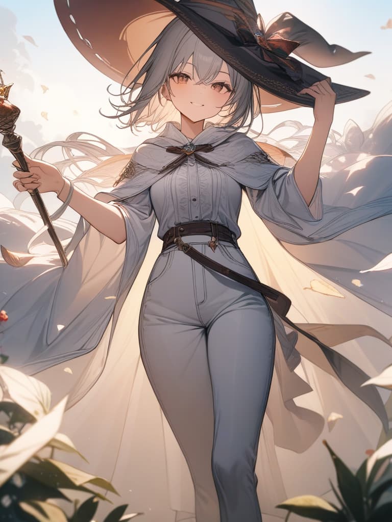  Manipulating the wind, short hair, cloak, long hem clothes, smiling, wand, witch hat, overall white, masterpiece, best quality,8k,ultra detailed,high resolution,an extremely delicate and beautiful,hyper detail