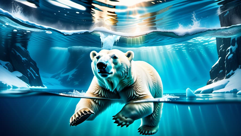  A journey of a polar bear swimming non-stop in icy, freezing waters covering a distance of 60 miles.  , ((realistic)), ((masterpiece)), focus on detailed clothing and atmosphere of the surroundings. Soft and natural lights.