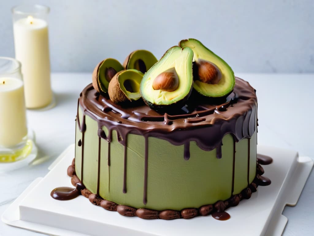  A closeup, ultradetailed photograph of a decadent chocolate avocado cake topped with smooth avocado chocolate ganache drizzle. The cake is displayed on a sleek, white marble cake stand, highlighting the rich and creamy texture of the dessert. The glossy ganache cascades down the sides of the cake, showcasing the fusion of avocado's health benefits with the indulgence of a classic dessert. The minimalistic presentation emphasizes the beauty and sophistication of this innovative avocadoinfused treat. hyperrealistic, full body, detailed clothing, highly detailed, cinematic lighting, stunningly beautiful, intricate, sharp focus, f/1. 8, 85mm, (centered image composition), (professionally color graded), ((bright soft diffused light)), volumetric fog, trending on instagram, trending on tumblr, HDR 4K, 8K