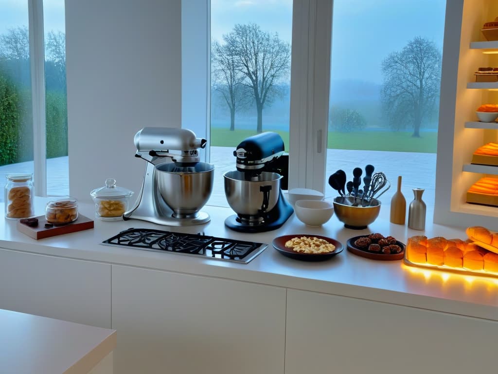  An ultradetailed 8k image of a pristine white chef's kitchen with marble countertops, gleaming stainless steel appliances, and an elegant stand mixer in the center surrounded by French pastry tools like piping bags, pastry brushes, and rolling pins. The sunlight streams in through a large window, casting a warm glow on the scene, giving it an inviting and professional feel. hyperrealistic, full body, detailed clothing, highly detailed, cinematic lighting, stunningly beautiful, intricate, sharp focus, f/1. 8, 85mm, (centered image composition), (professionally color graded), ((bright soft diffused light)), volumetric fog, trending on instagram, trending on tumblr, HDR 4K, 8K