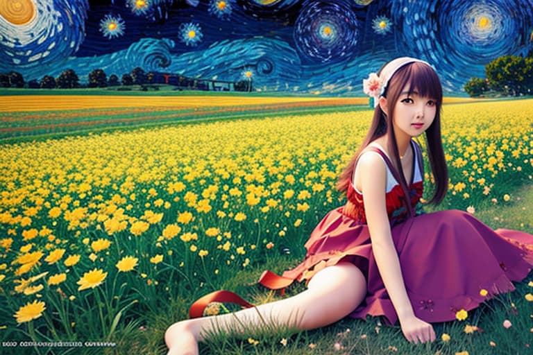  pretty anime girl, flowery field, starry night