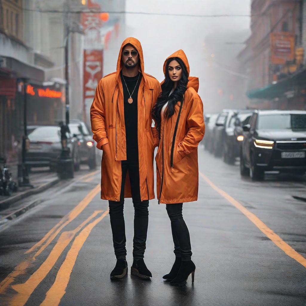  Una joven pareja con chompa y capucha naranja hyperrealistic, full body, detailed clothing, highly detailed, cinematic lighting, stunningly beautiful, intricate, sharp focus, f/1. 8, 85mm, (centered image composition), (professionally color graded), ((bright soft diffused light)), volumetric fog, trending on instagram, trending on tumblr, HDR 4K, 8K