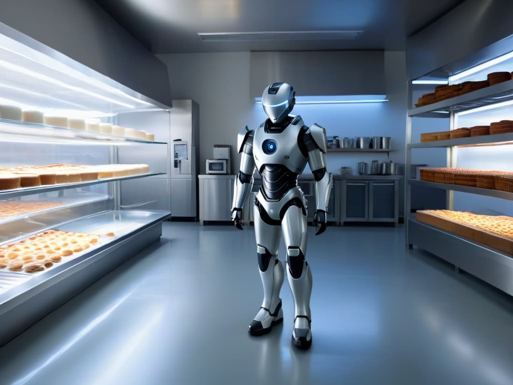  An ultradetailed 8k image of a sleek, futuristic cleaning robot with a soft, glowing light emanating from its sleek, metallic body. The robot is delicately wiping down a spotless, shining countertop in a modern bakery kitchen, surrounded by shelves filled with neatly organized baking supplies and a faint reflection of a talented pastry chef working on a delectable dessert in the background. hyperrealistic, full body, detailed clothing, highly detailed, cinematic lighting, stunningly beautiful, intricate, sharp focus, f/1. 8, 85mm, (centered image composition), (professionally color graded), ((bright soft diffused light)), volumetric fog, trending on instagram, trending on tumblr, HDR 4K, 8K