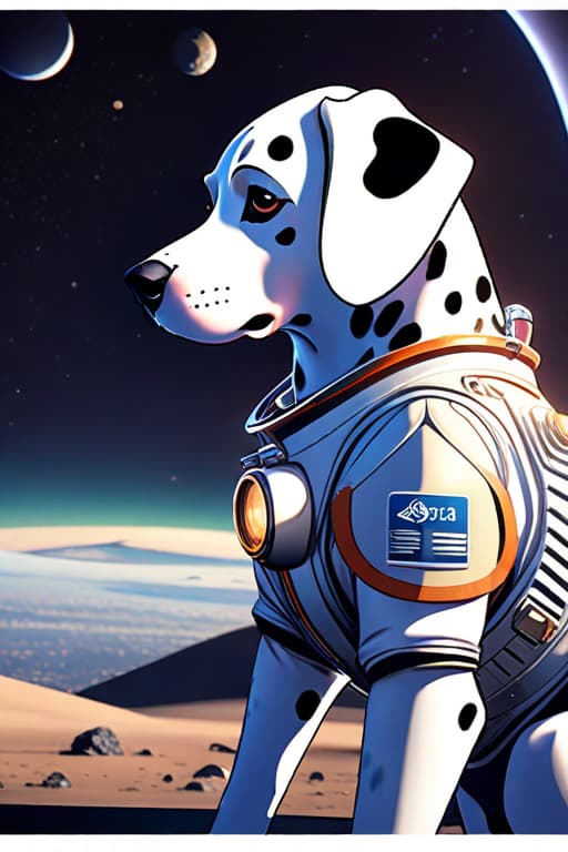  cartoon painting of 3 little Dalmatians , in space suits on the Moon , high detailed , 8K hyperrealistic, full body, detailed clothing, highly detailed, cinematic lighting, stunningly beautiful, intricate, sharp focus, f/1. 8, 85mm, (centered image composition), (professionally color graded), ((bright soft diffused light)), volumetric fog, trending on instagram, trending on tumblr, HDR 4K, 8K