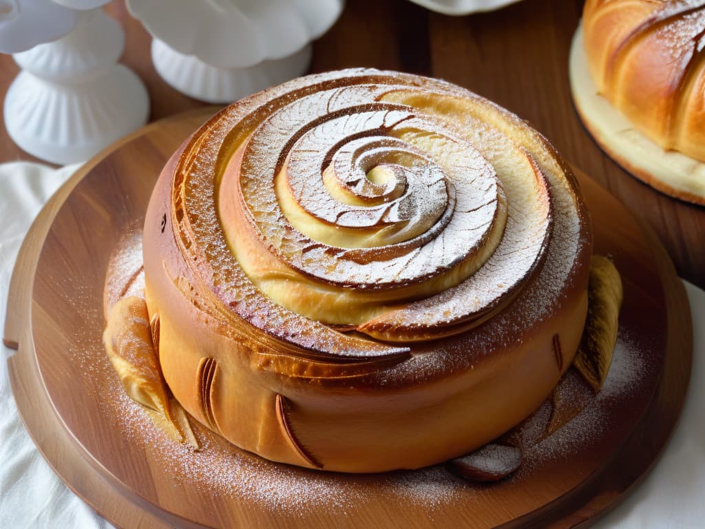  A closeup, ultradetailed image of a freshly baked Kouglof resting on a rustic wooden table. The Kouglof is perfectly goldenbrown, adorned with a generous sprinkling of powdered sugar, and topped with a delicate arrangement of sliced almonds. The intricate swirls of the cake's shape are highlighted, showcasing the traditional fluted design. The background is softly blurred, emphasizing the simplicity and elegance of this iconic Alsatian pastry. hyperrealistic, full body, detailed clothing, highly detailed, cinematic lighting, stunningly beautiful, intricate, sharp focus, f/1. 8, 85mm, (centered image composition), (professionally color graded), ((bright soft diffused light)), volumetric fog, trending on instagram, trending on tumblr, HDR 4K, 8K