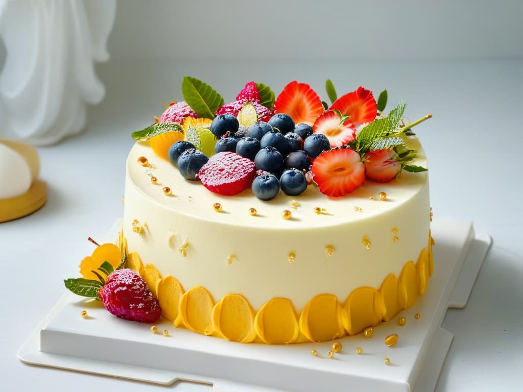  A highresolution, minimalist image of a beautifully decorated vegan cake with vibrant fresh fruits and edible flowers on top, set on a sleek white marble cake stand. The cake is elegantly frosted with smooth, creamy vegan icing, adorned with delicate gold leaf accents. The background is softly blurred, enhancing the focus on the intricate details of the cake's decoration and the vivid colors of the fruits and flowers. hyperrealistic, full body, detailed clothing, highly detailed, cinematic lighting, stunningly beautiful, intricate, sharp focus, f/1. 8, 85mm, (centered image composition), (professionally color graded), ((bright soft diffused light)), volumetric fog, trending on instagram, trending on tumblr, HDR 4K, 8K