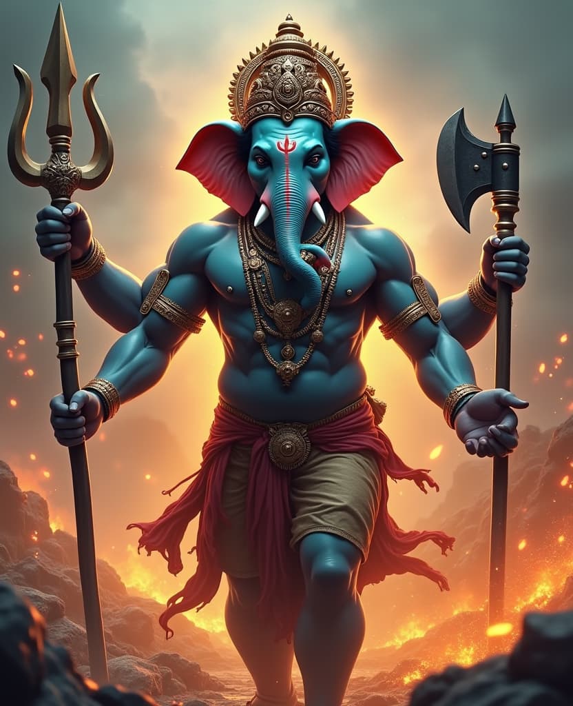  good quality, high quality, create a powerful, cinematic depiction of lord ganesha in a war ground. he should have an elephant head, with a muscular and imposing figure, wielding multiple divine weapons in his hands such as a trident (trishul), an axe, and a mace. his skin tone should be a vibrant, powerful blue. surround him with a dynamic war torn landscape, with fire, embers, and destruction in the background. the lighting should be dramatic, highlighting ganesha’s strength and divine energy. his jewelry and armor should be intricate and glowing with a divine aura. the overall style should evoke power, war, and godly might, with a strong, cinematic feel.