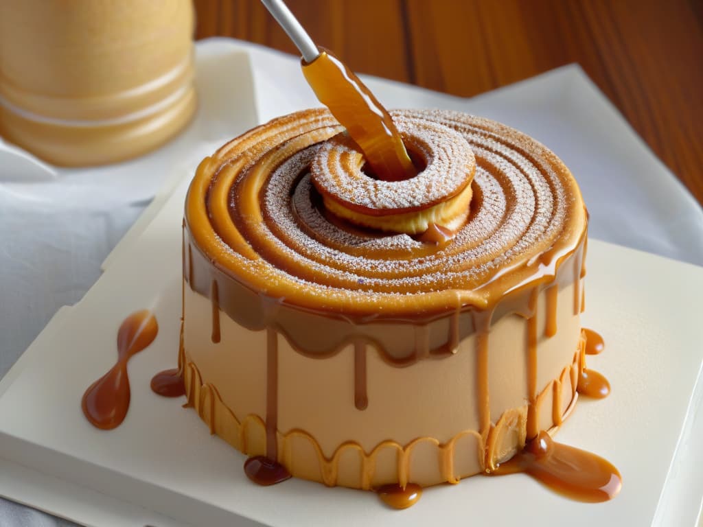  An ultradetailed closeup image of a delicate, perfectly swirled dulce de leche drizzle cascading over a stack of golden, freshly baked churros. The rich caramel hue of the dulce de leche contrasts beautifully with the golden brown churros, highlighting the texture and warmth of this beloved Latin American treat. Each curve and drip of the dulce de leche is captured with exquisite clarity, inviting the viewer to savor the sweet indulgence and envision the endless possibilities of incorporating this luscious caramel confection into global pastry creations. hyperrealistic, full body, detailed clothing, highly detailed, cinematic lighting, stunningly beautiful, intricate, sharp focus, f/1. 8, 85mm, (centered image composition), (professionally color graded), ((bright soft diffused light)), volumetric fog, trending on instagram, trending on tumblr, HDR 4K, 8K