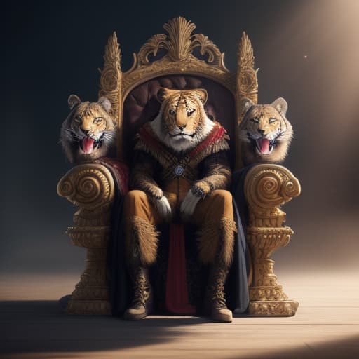  throne surrounded by dragon, hawks tigers,lions hyperrealistic, full body, detailed clothing, highly detailed, cinematic lighting, stunningly beautiful, intricate, sharp focus, f/1. 8, 85mm, (centered image composition), (professionally color graded), ((bright soft diffused light)), volumetric fog, trending on instagram, trending on tumblr, HDR 4K, 8K
