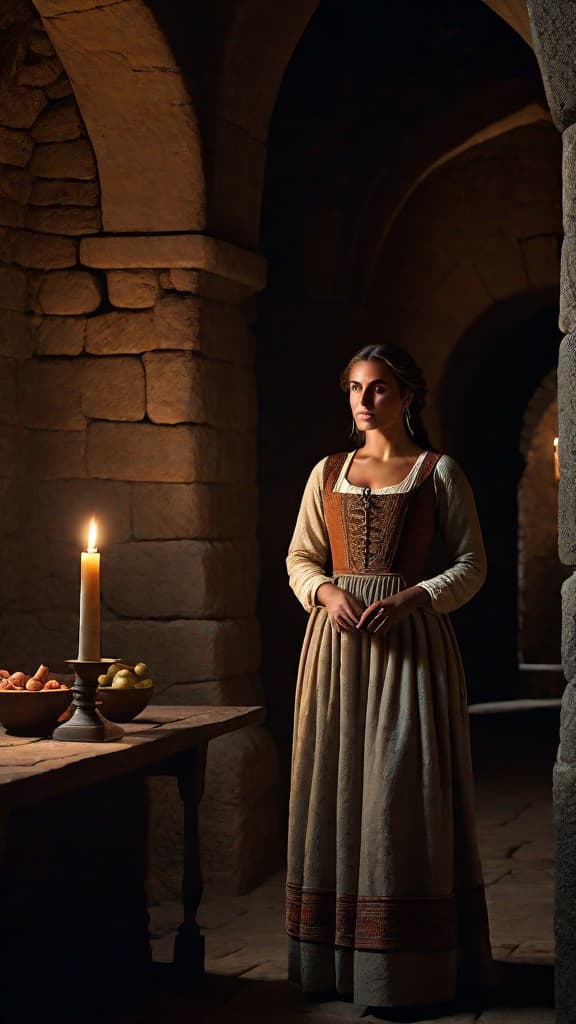  (A dimly lit, medieval castle interior with high stone walls and flickering torchlight. A young woman, dressed in a simple peasant's dress, stands in the center of the room, her expression anxious as she looks around nervously.) hyperrealistic, full body, detailed clothing, highly detailed, cinematic lighting, stunningly beautiful, intricate, sharp focus, f/1. 8, 85mm, (centered image composition), (professionally color graded), ((bright soft diffused light)), volumetric fog, trending on instagram, trending on tumblr, HDR 4K, 8K