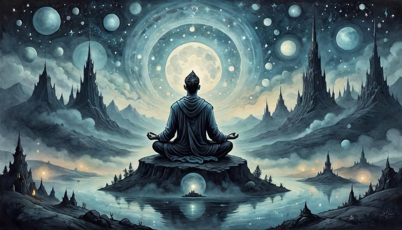  on parchment, surrealism+++, A figure meditating on a dark hilltop, surrounded by floating orbs of energy, serene expression, ethereal glow, night sky filled with stars, misty surroundings, otherworldly detachment(mysterious, provocative, symbolic,muted color)+++