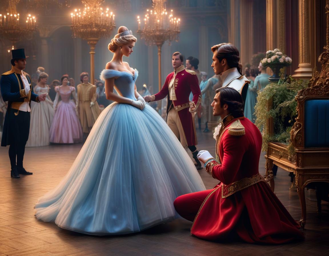  Cinderella met the prince at the ball hyperrealistic, full body, detailed clothing, highly detailed, cinematic lighting, stunningly beautiful, intricate, sharp focus, f/1. 8, 85mm, (centered image composition), (professionally color graded), ((bright soft diffused light)), volumetric fog, trending on instagram, trending on tumblr, HDR 4K, 8K