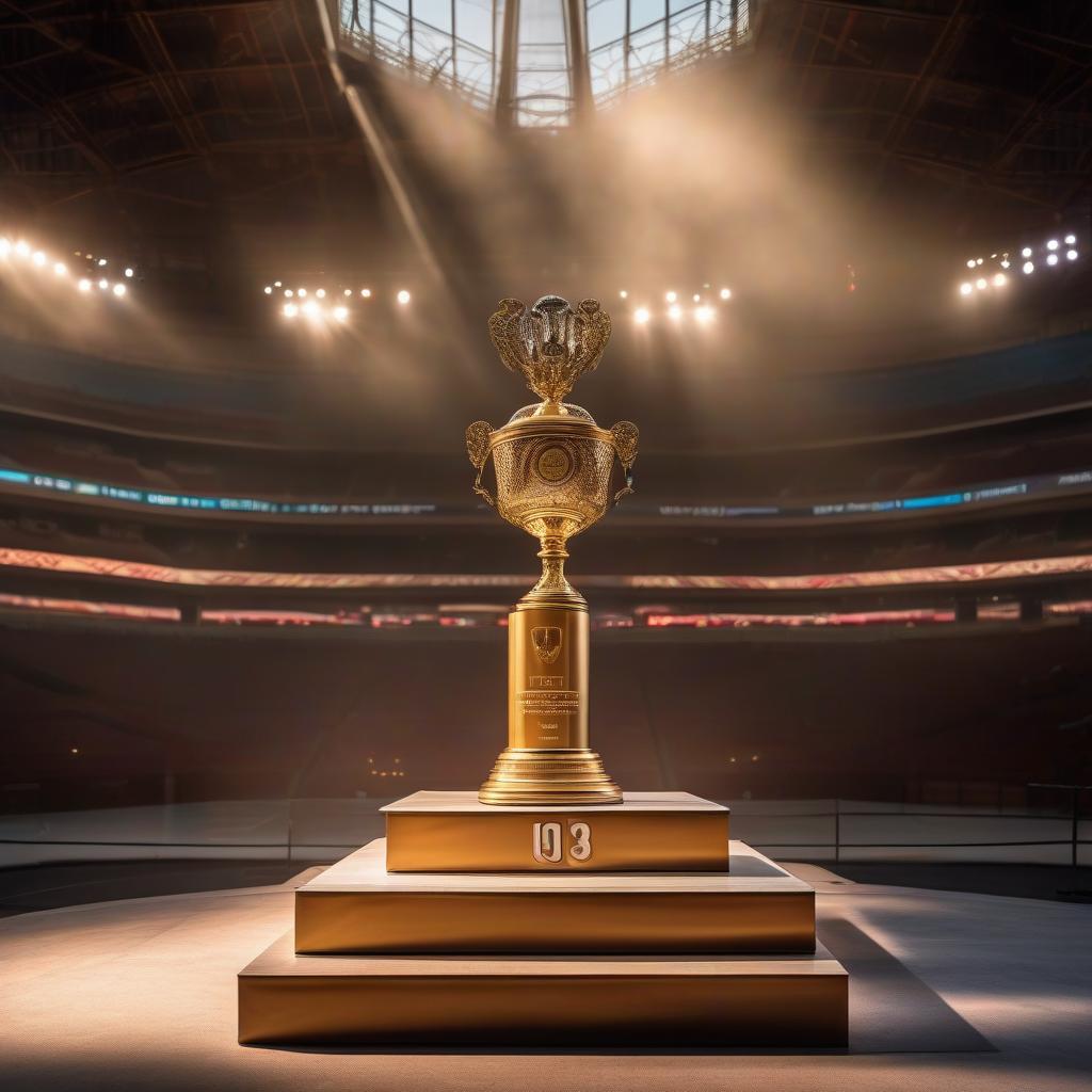  An empty sports pedestal with 1st, 2nd, and 3rd place next to it, with many awards around. In other words, an empty podium with spaces for winners to stand and receive their awards. hyperrealistic, full body, detailed clothing, highly detailed, cinematic lighting, stunningly beautiful, intricate, sharp focus, f/1. 8, 85mm, (centered image composition), (professionally color graded), ((bright soft diffused light)), volumetric fog, trending on instagram, trending on tumblr, HDR 4K, 8K