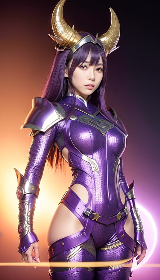  The purple underworld warrior armor in the Japanese anime "Saint Seiya" has a purple metallic luster, covering the helmet with only a beautiful face. The golden hair slopes down like a waterfall from behind the helmet, and there are a pair of huge purple metal antelope horns and exquisite carvings on the left and right sides of the helmet. The huge shoulder armor extends outward, with a multi level structure and exquisite pattern structures on the edges. The purple metal trunk armor structure is very special, with exquisite pattern design. The arms and palms are covered with purple metal armor and gorgeous decorative carvings. The thighs and toes are covered with purple metal armor, and the heel position has an exaggerated design of high he