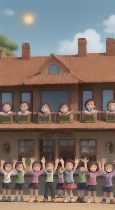  {A heartwarming scene of all the children waving goodbye with happy expressions., Children waving with wide smiles, looking grateful and content.