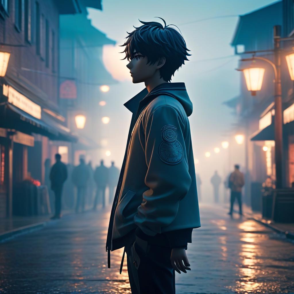  A boy stands far away. Anime style. hyperrealistic, full body, detailed clothing, highly detailed, cinematic lighting, stunningly beautiful, intricate, sharp focus, f/1. 8, 85mm, (centered image composition), (professionally color graded), ((bright soft diffused light)), volumetric fog, trending on instagram, trending on tumblr, HDR 4K, 8K