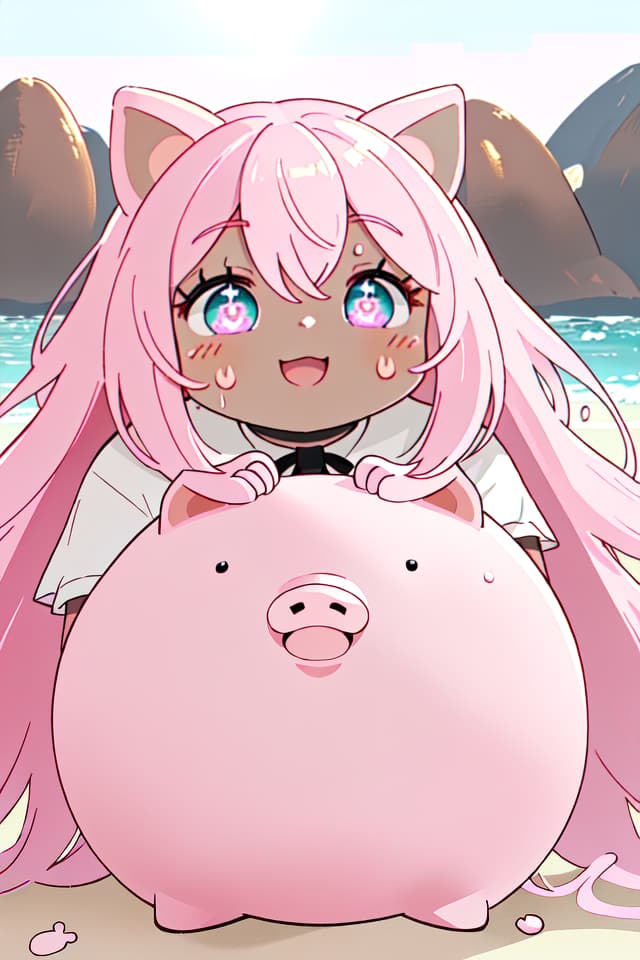  extremely obese girl、pink colored hair、((bright deep pink colored drooping pig's ears:1.4、ultra detailed plump & fat face sweaty smile:1.4、ultra detailed shiny black skin girl:1.4))、(((on the beach:1.4、barbecue:1.4)))、(、eating a lot of barbecue)、dutch angle、best quality:1.4、masterpiece:1.4、ultra detailed texture、RAW photorealistic、absurd resolution、8K illustration、💩、💩、💩、💩、💩、💩、 hyperrealistic, full body, detailed clothing, highly detailed, cinematic lighting, stunningly beautiful, intricate, sharp focus, f/1. 8, 85mm, (centered image composition), (professionally color graded), ((bright soft diffused light)), volumetric fog, trending on instagram, trending on tumblr, HDR 4K, 8K