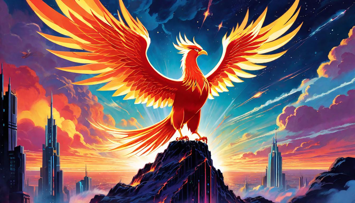  retro futuristic A phoenix rising from the ashes under a twilight sky, symbolizing lessons gleaned from challenges, form majestic and resolute, sky dusky and hopeful, rebirth powerful and inspiring, ashes to flight vivid. lvintage sci fi, 50s and 60s style, atomic age, vibrant, highly detailed