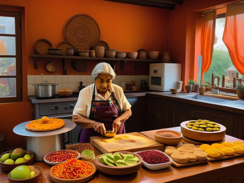  An exquisitely detailed photorealistic image of a traditional Mexican kitchen filled with vibrant ingredients like cinnamon, vanilla beans, colorful chili peppers, and ripe avocados. In the center of the kitchen, an elderly Mexican woman wearing a colorful embroidered apron is skillfully crafting intricate pastries and desserts, showcasing the artistry and rich cultural heritage of Mexican baking. The warm glow of the sunlight filtering through a window highlights the textures and colors of the food, evoking a sense of nostalgia and celebration of ancestral flavors. hyperrealistic, full body, detailed clothing, highly detailed, cinematic lighting, stunningly beautiful, intricate, sharp focus, f/1. 8, 85mm, (centered image composition), (professionally color graded), ((bright soft diffused light)), volumetric fog, trending on instagram, trending on tumblr, HDR 4K, 8K