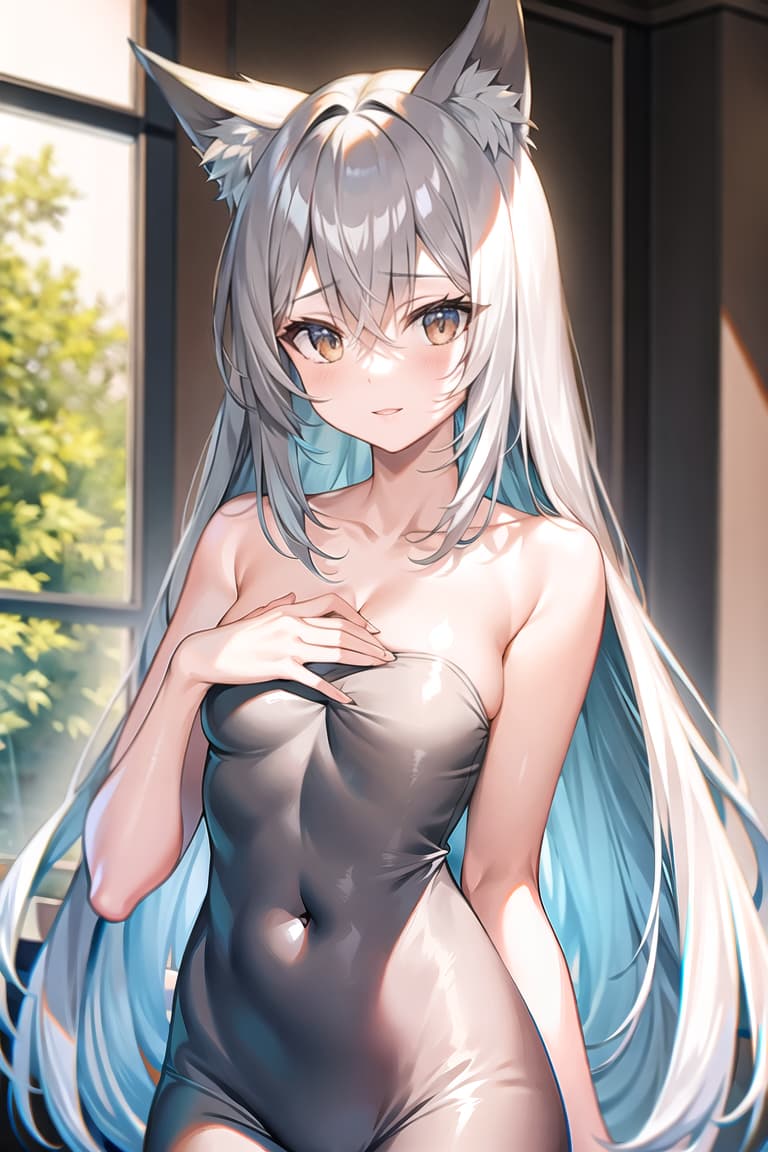  master piece , best quality,naked fox water long gray hair