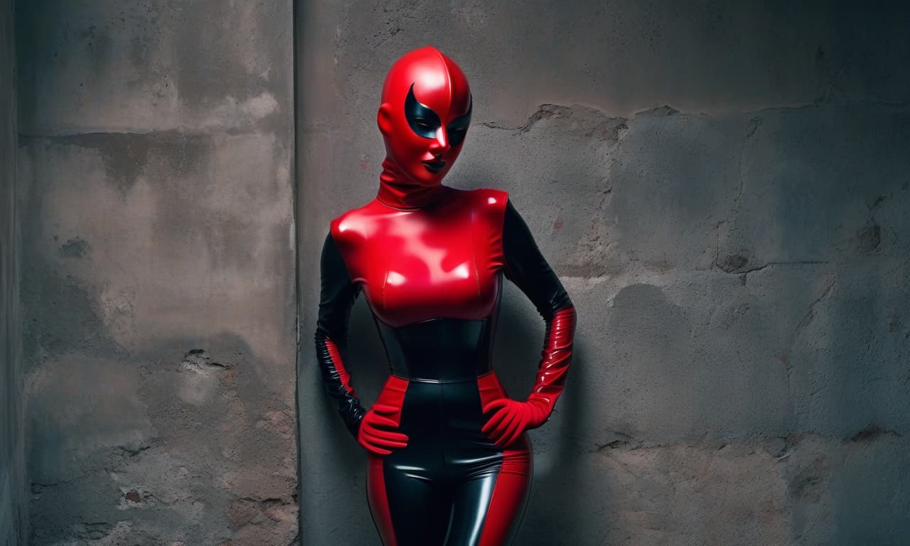  cinematic film still 4K, A strict madam, tall, pale skin, vividly colored eyes, plump lips, standing next to a wall. A tightly fitting red latex mask covers her entire head and face. The mask tightly covers her entire face. On her arms are red gloves. Her legs are visible in red high heeled boots, a red corset, (dark frame: 1.17), epic realism, grayish, ((neutral colors)), artistic, (hdr: 1.5), (muted colors: 1.2), with increased detail, (artstation: 1.5), cinematic, warm light, dramatic light, (complicated details: 1.1), a complex background, (Rutkovsky: 0.8), (turquoise and orange: 0.4), Details, ((complicated details)), hdr, ((complicated details, super detailed)). . shallow depth of field, vignette, highly detailed, high budget, bokeh, hyperrealistic, full body, detailed clothing, highly detailed, cinematic lighting, stunningly beautiful, intricate, sharp focus, f/1. 8, 85mm, (centered image composition), (professionally color graded), ((bright soft diffused light)), volumetric fog, trending on instagram, trending on tumblr, HDR 4K, 8K