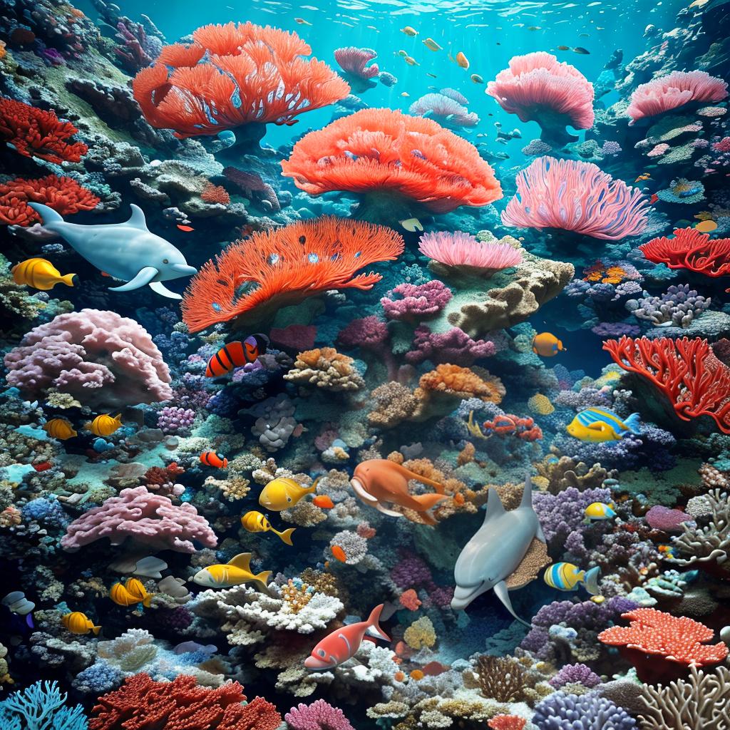  masterpiece, best quality, beautiful deep sea full of corals, diverse marine life and fascinating underwater landscapes with corals, appendages, small fish, anemones, dolphins, various algae, caves, colorful, 8k resolution and intricate detail