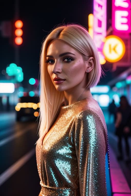  Street art, neon lights, sign boards, nightlife, empty roads, cinematic mood, cinematic lights, shallow depth of field, girl in glitter dress, blond girl with Hollywood weaves hairstyle,close up portrait,clear face features, 200 mm, head shot hyperrealistic, full body, detailed clothing, highly detailed, cinematic lighting, stunningly beautiful, intricate, sharp focus, f/1. 8, 85mm, (centered image composition), (professionally color graded), ((bright soft diffused light)), volumetric fog, trending on instagram, trending on tumblr, HDR 4K, 8K