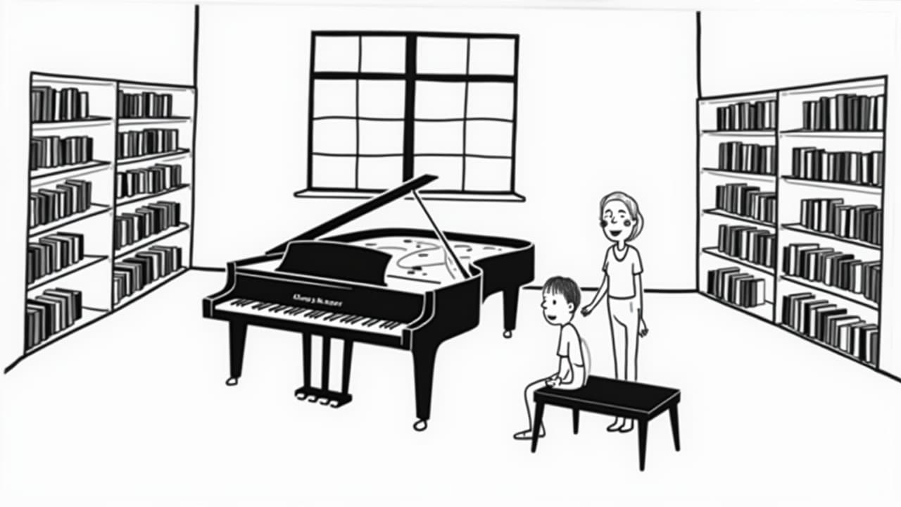  good quality, high quality, teacher sitting on the piano, student reciting song standing by the piano