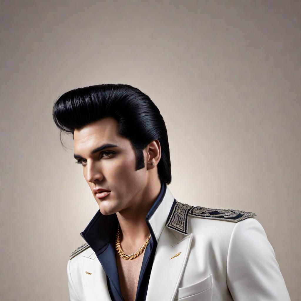  Create an image of a person in a pose resembling Elvis Presley, with distinctive hair and outfit, against a retro background. hyperrealistic, full body, detailed clothing, highly detailed, cinematic lighting, stunningly beautiful, intricate, sharp focus, f/1. 8, 85mm, (centered image composition), (professionally color graded), ((bright soft diffused light)), volumetric fog, trending on instagram, trending on tumblr, HDR 4K, 8K