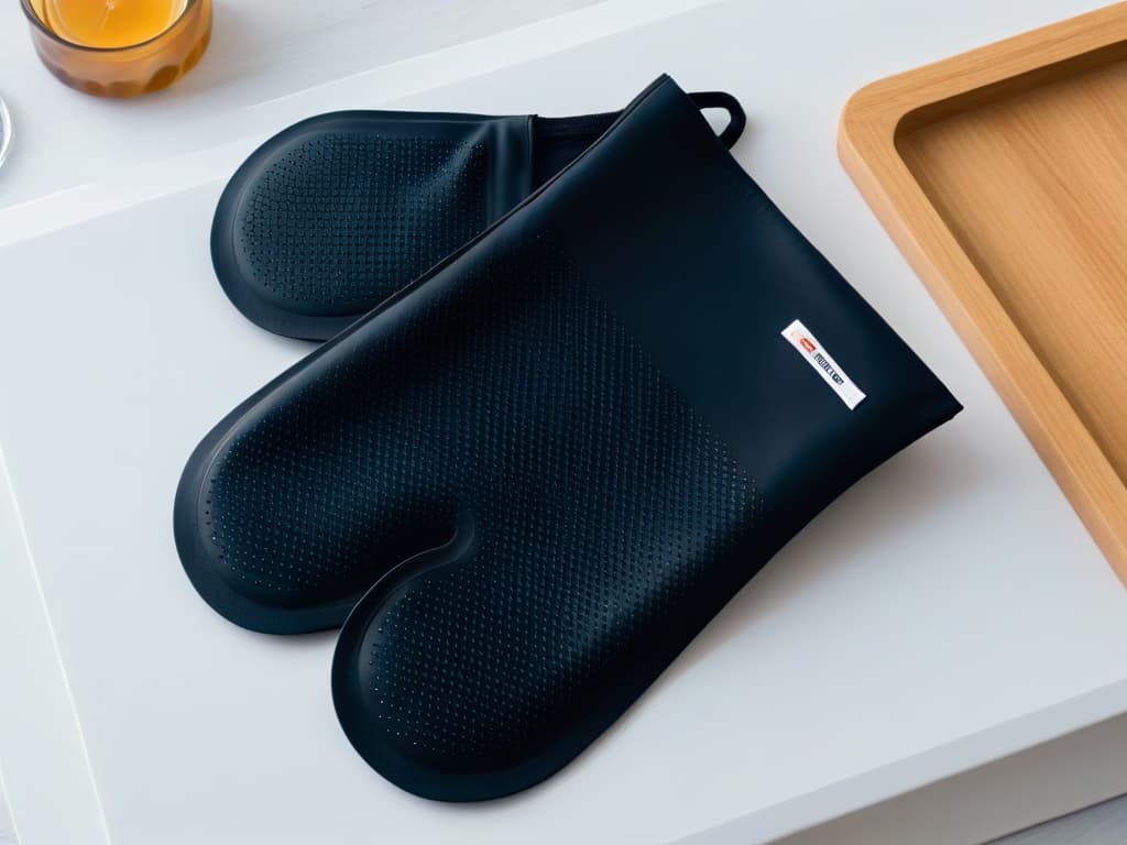  A minimalist, highresolution image of a sleek, black oven glove with intricate, heatresistant patterns, elegantly displayed against a soft, neutral background to convey a sense of style and safety in the kitchen. hyperrealistic, full body, detailed clothing, highly detailed, cinematic lighting, stunningly beautiful, intricate, sharp focus, f/1. 8, 85mm, (centered image composition), (professionally color graded), ((bright soft diffused light)), volumetric fog, trending on instagram, trending on tumblr, HDR 4K, 8K