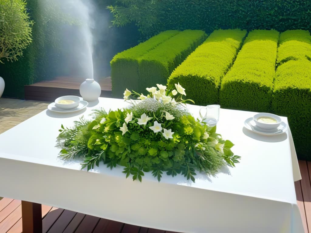  A highresolution, minimalist image of a beautifully set dining table in a serene, sunlit garden. The table is adorned with elegant white tableware, fresh flowers in a simple vase, and a few strategically placed culinary herbs. The background shows lush greenery and a glimpse of a tranquil water feature, creating a peaceful and inviting atmosphere perfect for a culinary retreat. hyperrealistic, full body, detailed clothing, highly detailed, cinematic lighting, stunningly beautiful, intricate, sharp focus, f/1. 8, 85mm, (centered image composition), (professionally color graded), ((bright soft diffused light)), volumetric fog, trending on instagram, trending on tumblr, HDR 4K, 8K