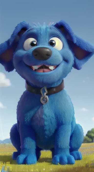  {A happy, big blue dog wagging its tail in a colorful meadow, The big blue dog is large with sky blue fur, big round eyes, a black nose, and floppy ears.