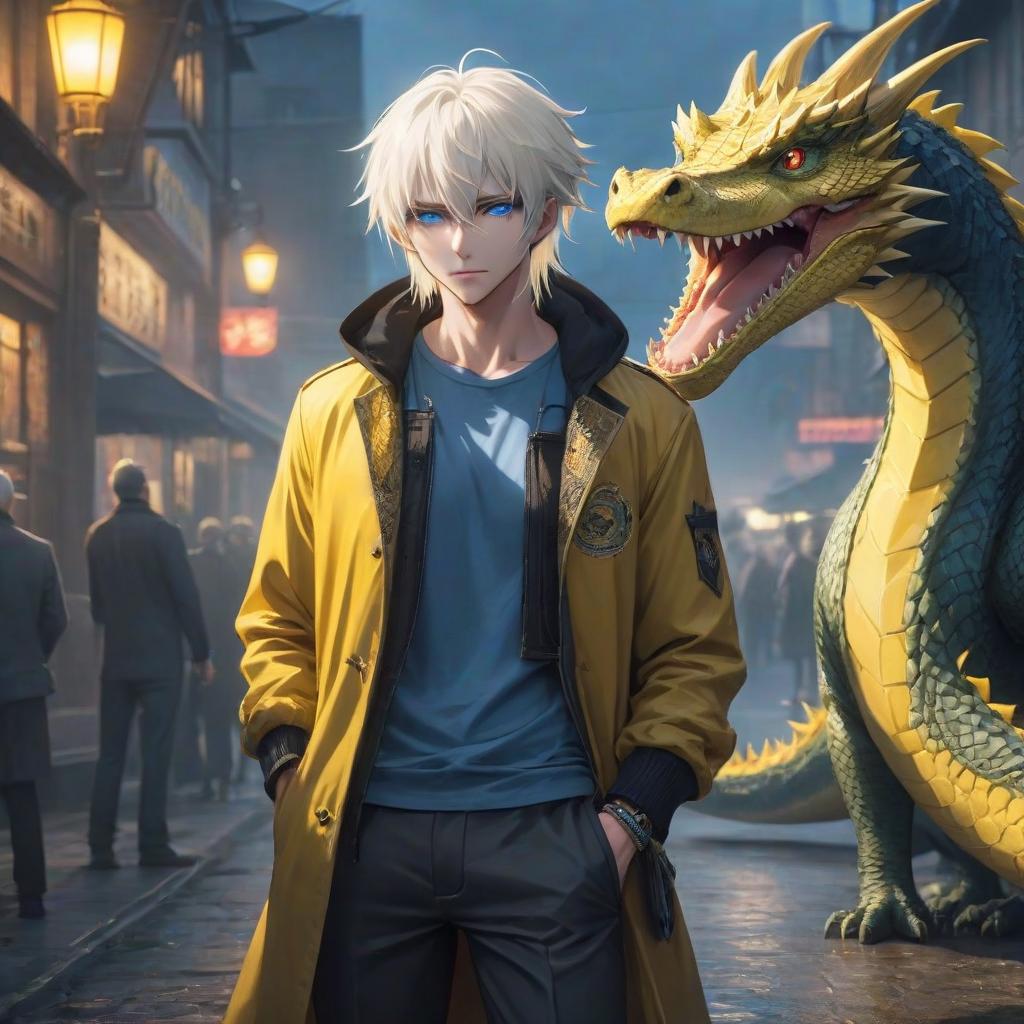  Anime guy, gangster, blue eyes, yellow white hair, dragon tail, crocodiles. hyperrealistic, full body, detailed clothing, highly detailed, cinematic lighting, stunningly beautiful, intricate, sharp focus, f/1. 8, 85mm, (centered image composition), (professionally color graded), ((bright soft diffused light)), volumetric fog, trending on instagram, trending on tumblr, HDR 4K, 8K