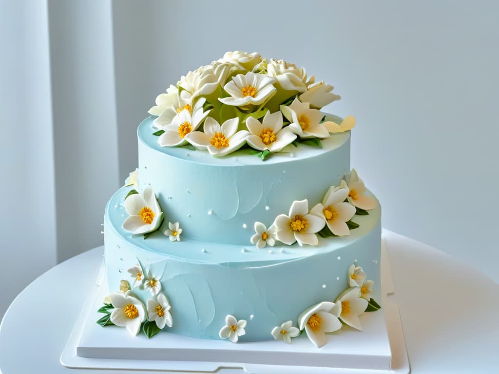  A closeup, ultradetailed image of a perfectly frosted and decorated threetiered wedding cake, showcasing intricate piping work, delicate fondant flowers, and shimmering edible gold accents under soft, natural lighting. hyperrealistic, full body, detailed clothing, highly detailed, cinematic lighting, stunningly beautiful, intricate, sharp focus, f/1. 8, 85mm, (centered image composition), (professionally color graded), ((bright soft diffused light)), volumetric fog, trending on instagram, trending on tumblr, HDR 4K, 8K