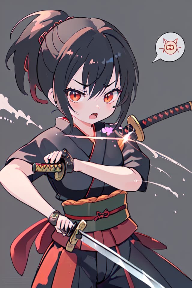  ultra detailed:1.2,masterpiece:1.2,best quality,masterpiece,bestquality,hdr:1.1,8k:1.1,very cute girl:1.3,samurai girl:1.3,red samurai armor:1.3,black hair:1.2,pony tail:1.3,(holding Japanese sword:1.3),katana:1.3,cowboy shot:1.3,dutch angel:1.7,(battle stance,katana attack:1.4),(face focus:1.3),(spoken kanji:1.1)open mouth:1.3