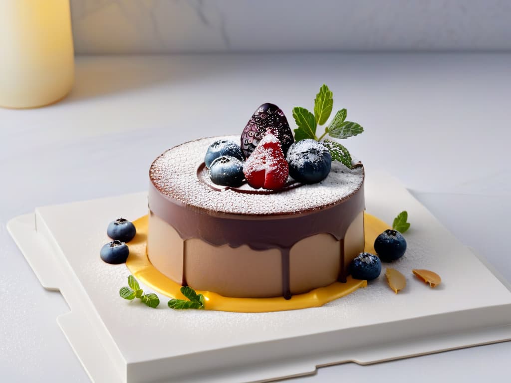  A closeup, ultradetailed image of a perfectly plated multilayered dessert, featuring delicate layers of sponge cake, velvety chocolate mousse, and glossy fruit compote, all elegantly garnished with edible gold leaf and micro herbs, set on a sleek, white porcelain plate with a subtle geometric pattern. The dessert is positioned on a polished marble countertop, softly illuminated by a warm spotlight, casting a gentle shadow beneath the plate, creating a visually striking and mouthwatering composition that perfectly encapsulates the essence of temperature's crucial role in creating exquisite multisensory desserts. hyperrealistic, full body, detailed clothing, highly detailed, cinematic lighting, stunningly beautiful, intricate, sharp focus, f/1. 8, 85mm, (centered image composition), (professionally color graded), ((bright soft diffused light)), volumetric fog, trending on instagram, trending on tumblr, HDR 4K, 8K